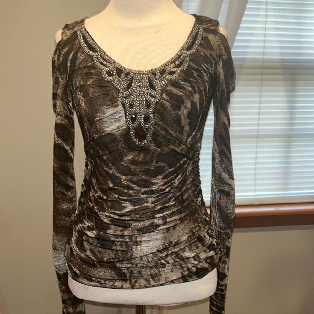 Venus embellished V-neck cold shoulder, fitted runched sides